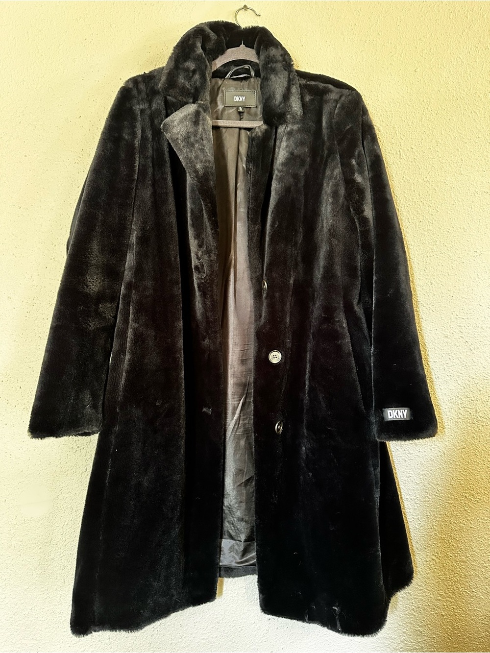DKNY Black Faux Fur Long Coat with Notched Collar